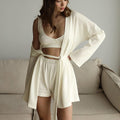 Waffle Knit Long Robe 3-Piece Set, Beige - Linden & Lather