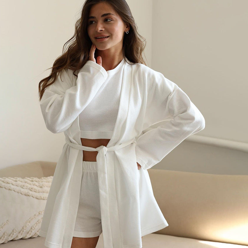Waffle Knit 3-Piece Robe Lounge Set - Linden & Lather