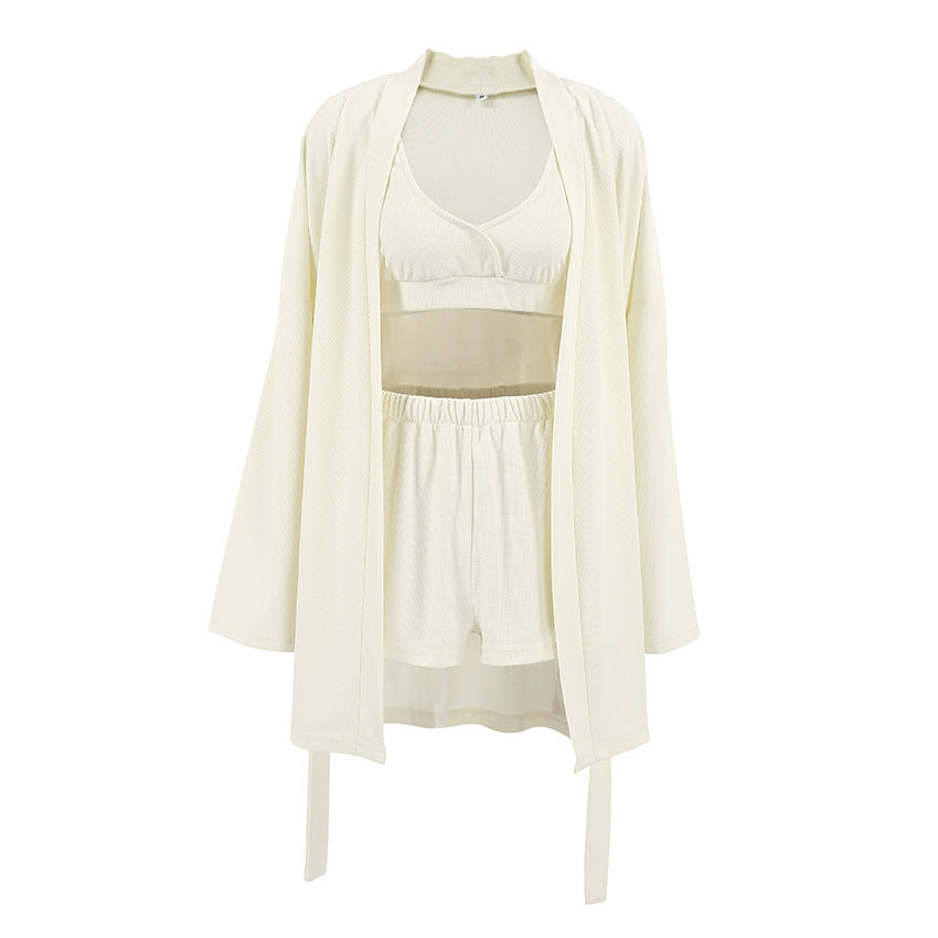 Waffle Knit Long Robe 3-Piece Set, Beige - Linden & Lather