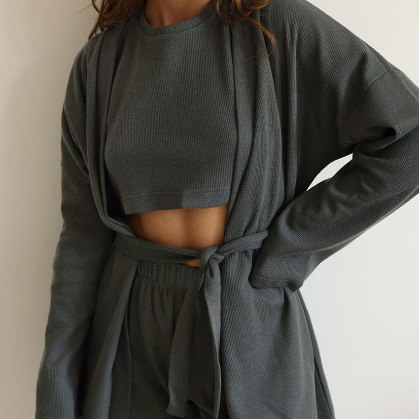 Waffle Knit 3-Piece Robe Lounge Set - Linden & Lather